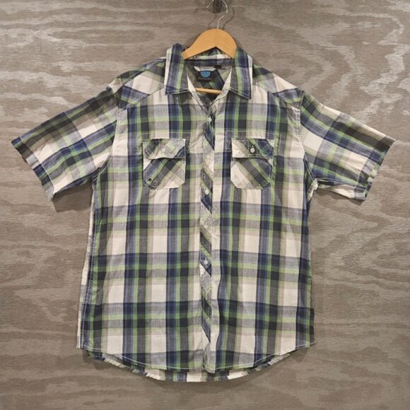 Burnside SZ 2XL Short Sleeve Blue Green Plaid Collared Button Up Country Shirt - Picture 1 of 8
